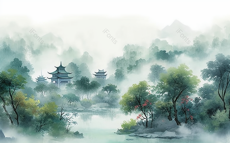 传统建筑立夏平静湖面云雾策绕荷花盛开国风水墨画,插画/手绘图,插画/手绘图库,插画/手绘图下载,插画/手绘